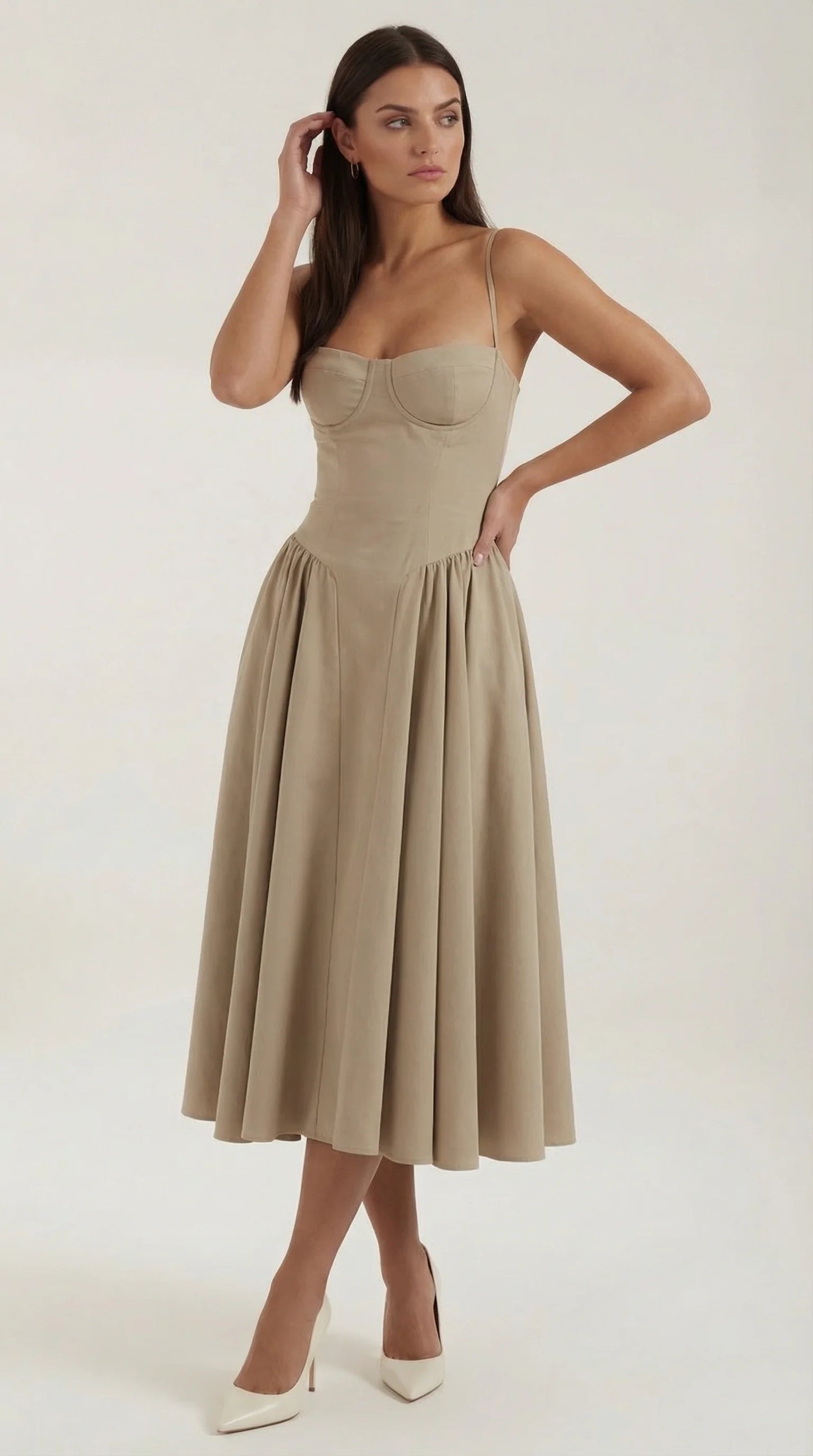 Women's tan corset fit and flare midi dress with sweetheart neckline, structured bodice and flowing skirt by ILYNORA