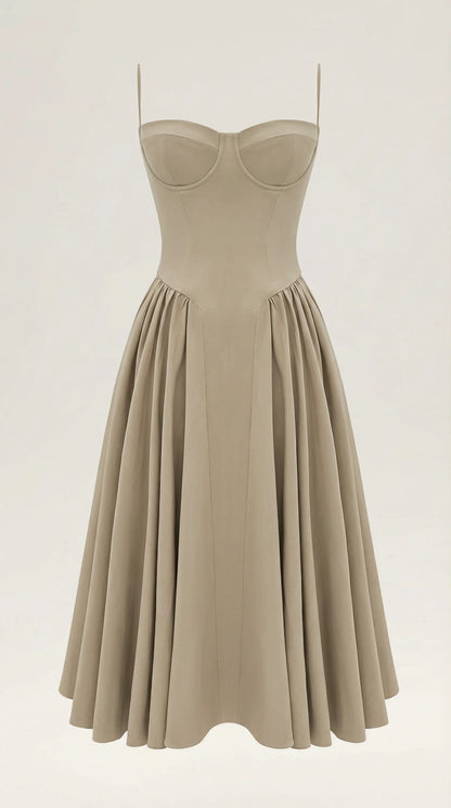 Women's tan corset fit and flare midi dress with timeless tailored silhouette for elegant daytime and evening wear by ILYNORA
