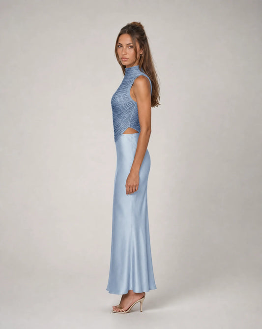Women's Draped High Neck Satin Maxi Skirt Set