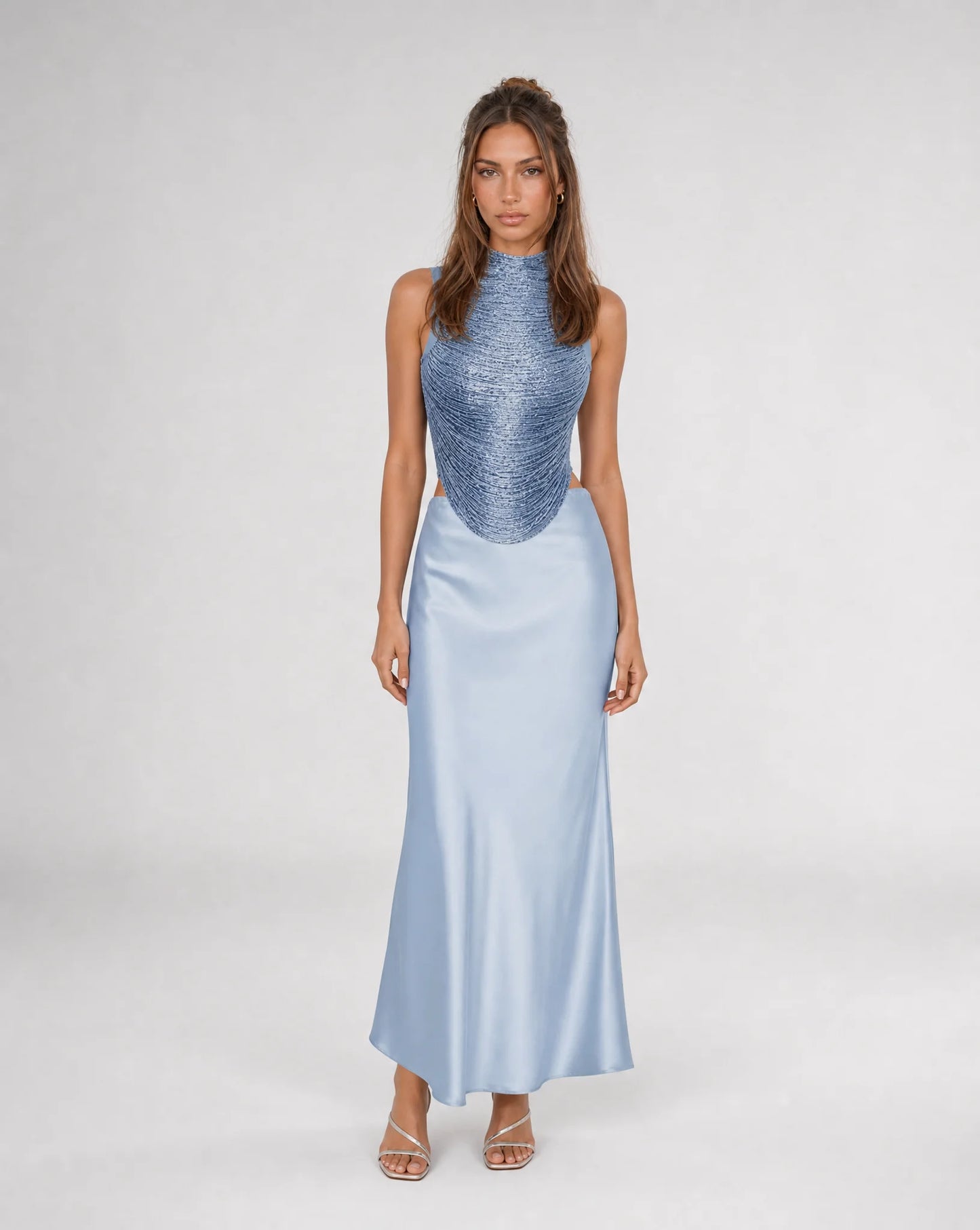 Women's Draped High Neck Satin Maxi Skirt Set