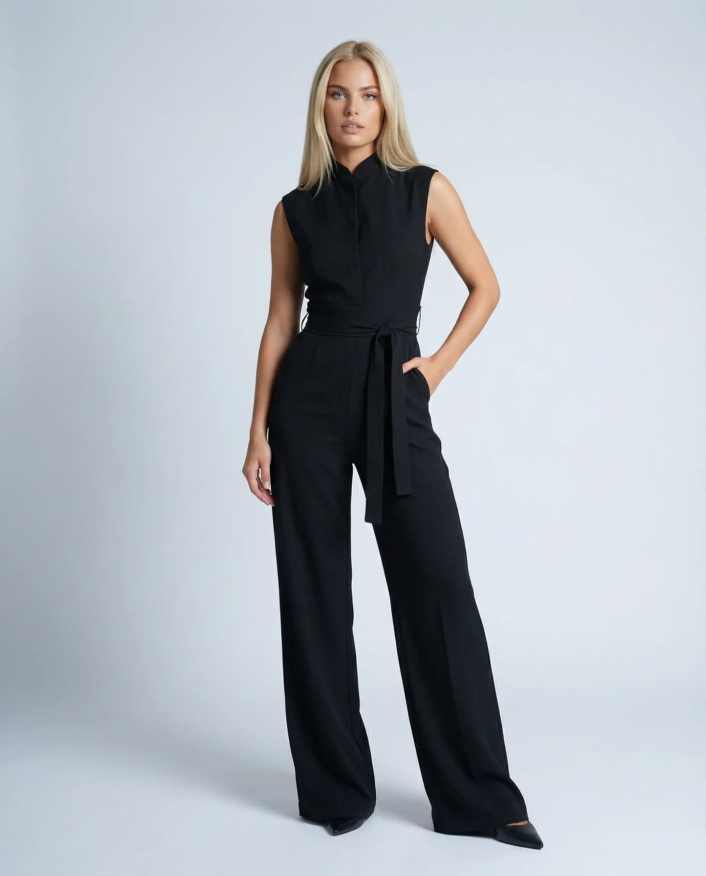 Black sleeveless jumpsuit for women by Ilynora, front view with structured fit and elegant wide-leg design