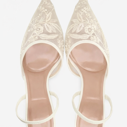 Women’s Embroidered Mesh Mule Heels – Floral Detail, Elegant Pointed Toe