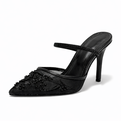 Women’s Embroidered Mesh Mule Heels – Floral Detail, Elegant Pointed Toe
