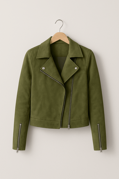Women's Faux Suede Zip Up Biker Jacket
