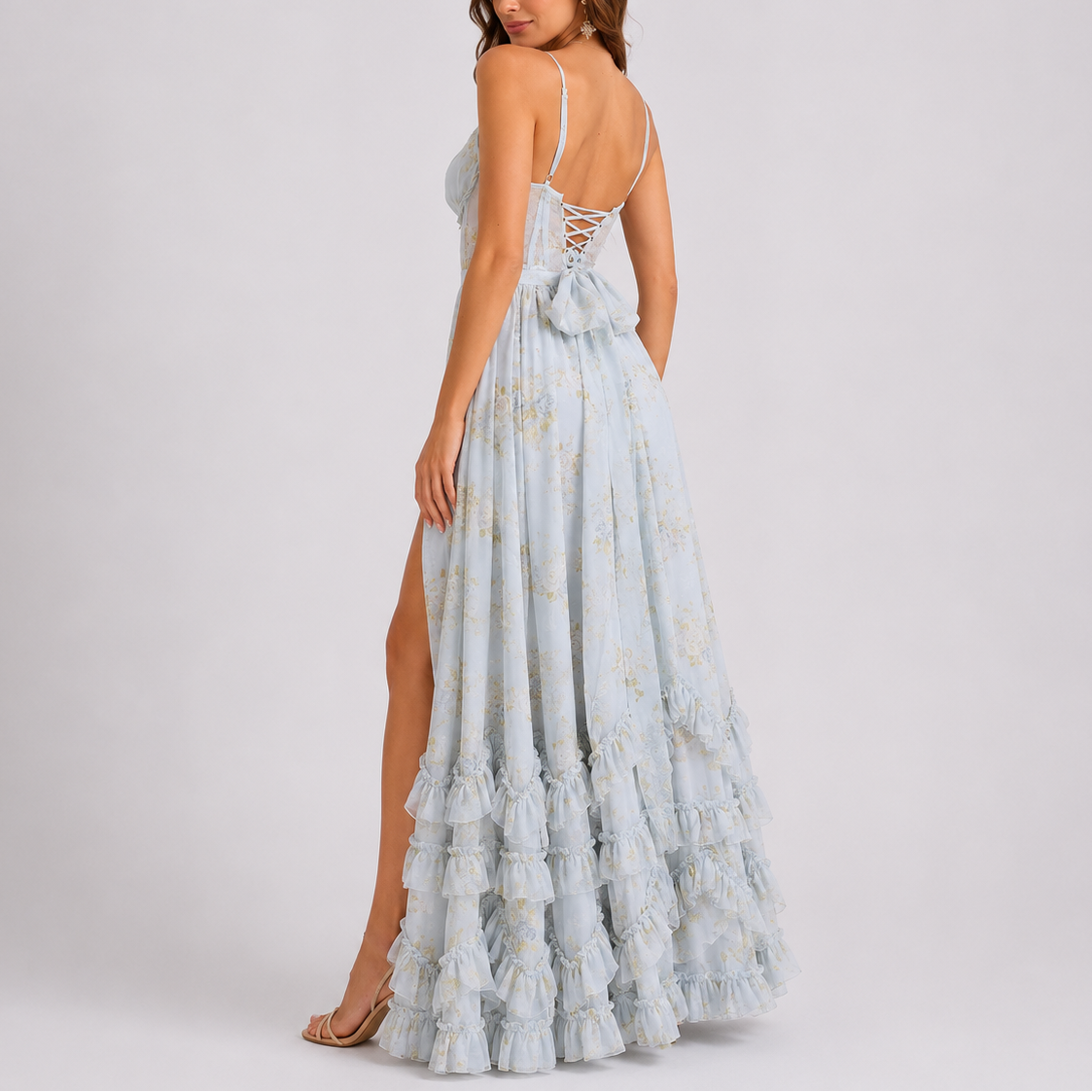 Women’s Floral Corset Ruffle Maxi Dress
