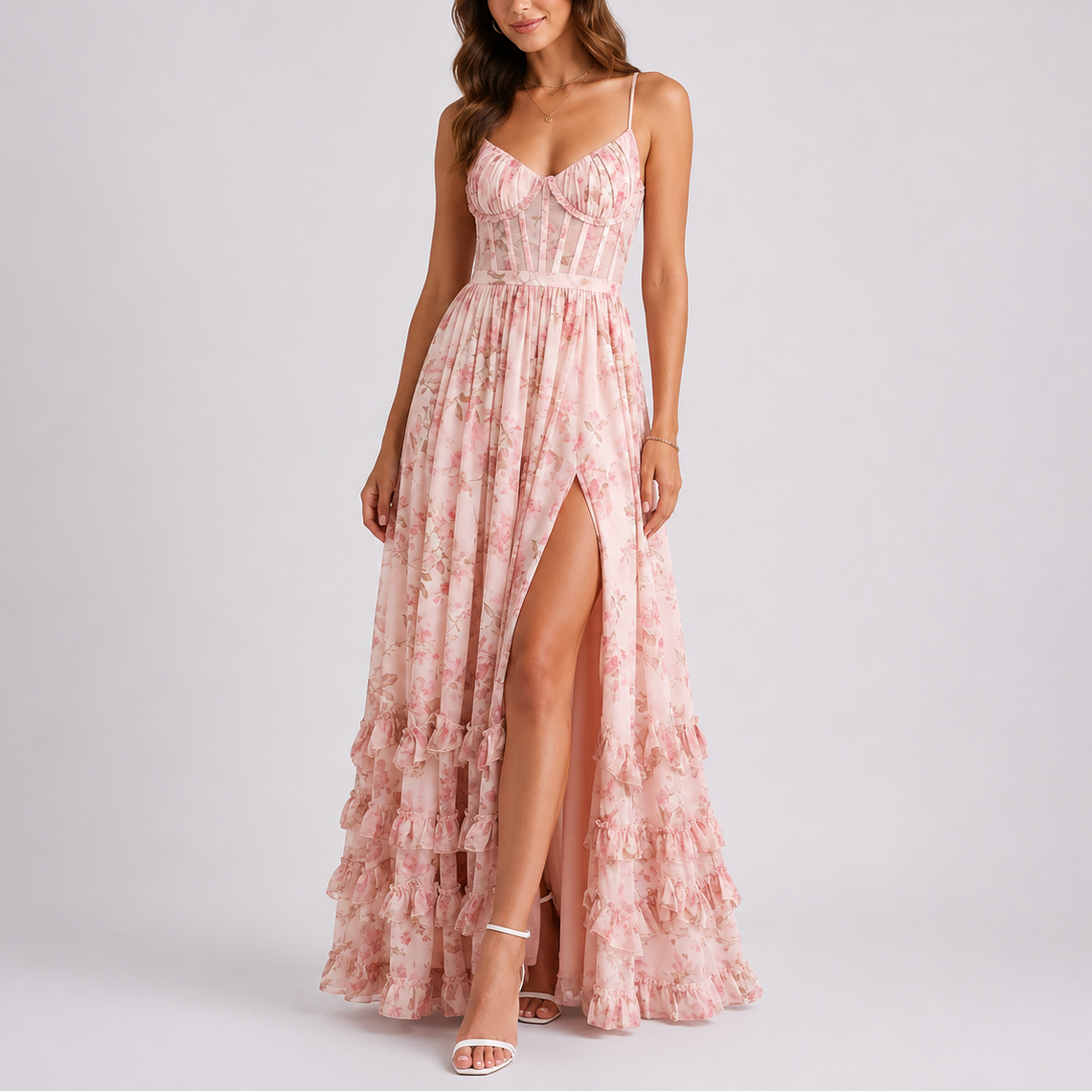 Women’s Floral Corset Ruffle Maxi Dress