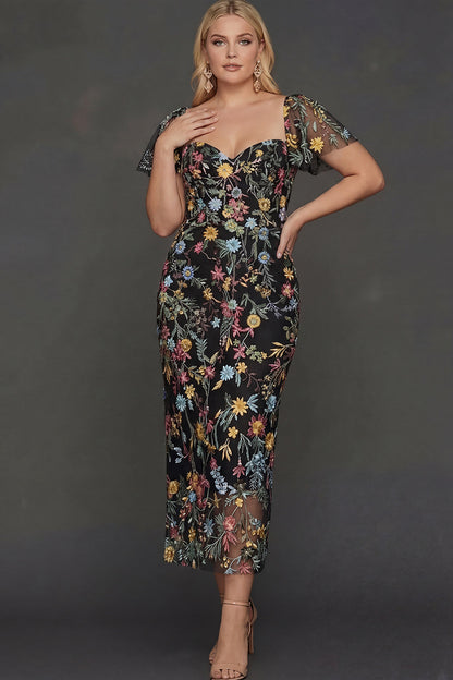 ILYNORA black floral embroidered tulle midi dress, front view of sweetheart neckline