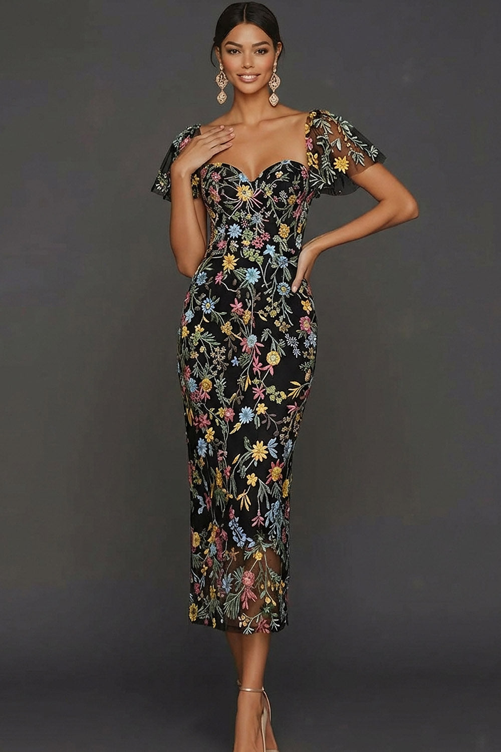 ILYNORA black floral embroidered tulle midi dress, model wearing dress from the front