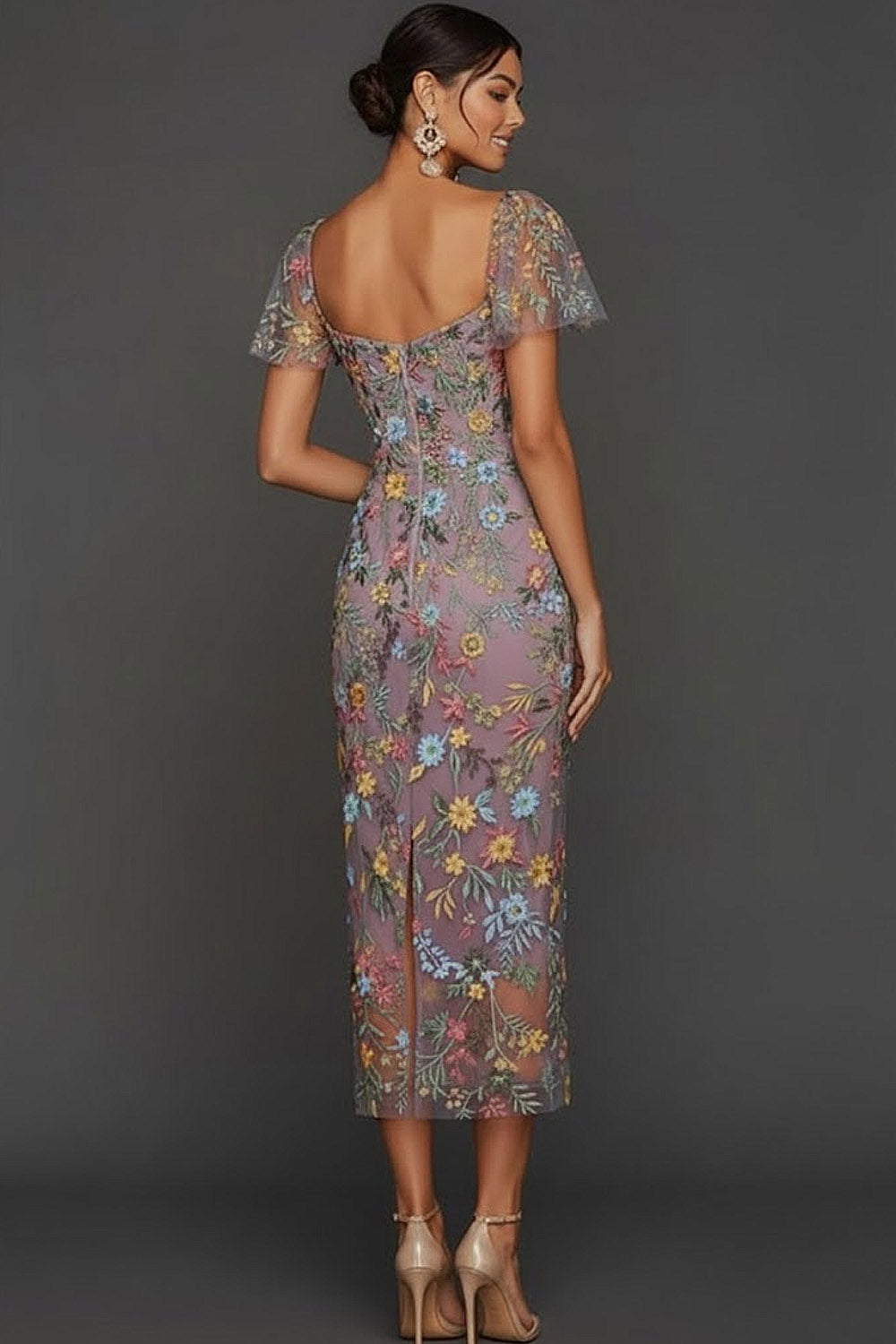 ILYNORA mauve floral embroidered tulle midi dress, back view of sheath silhouette