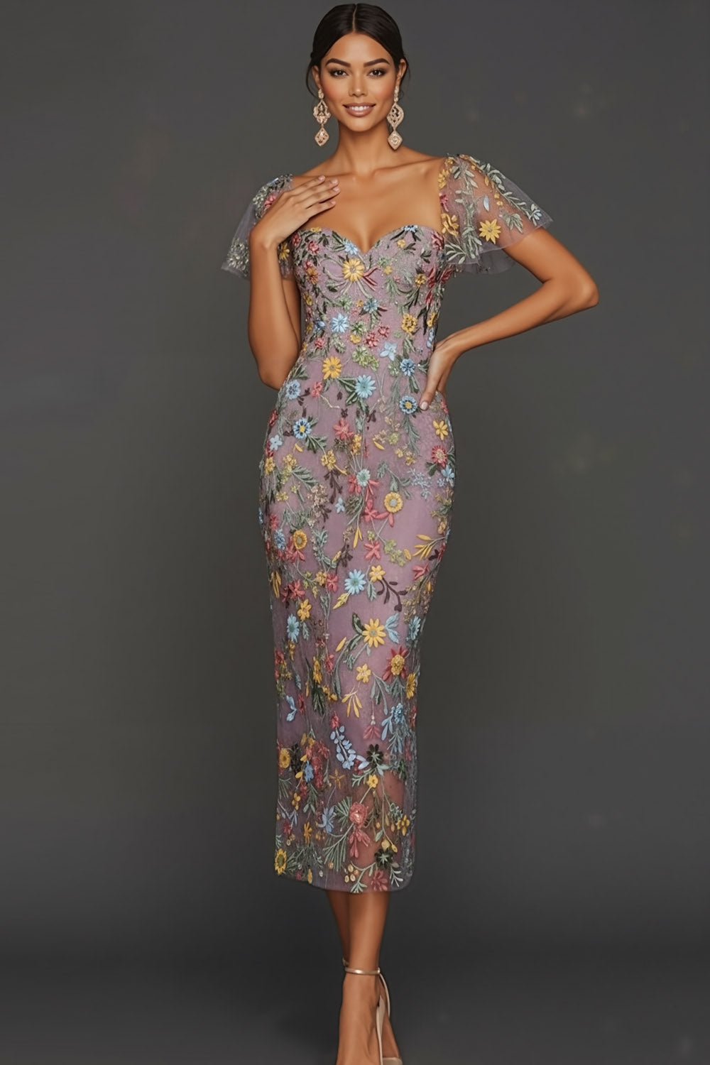 ILYNORA mauve floral embroidered tulle midi dress, model wearing dress from the front