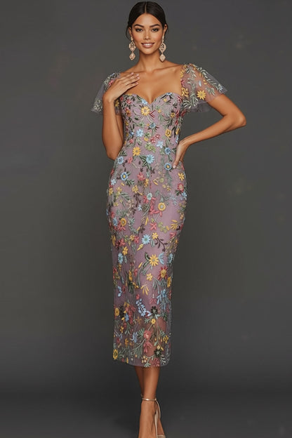 ILYNORA mauve floral embroidered tulle midi dress, model wearing dress from the front