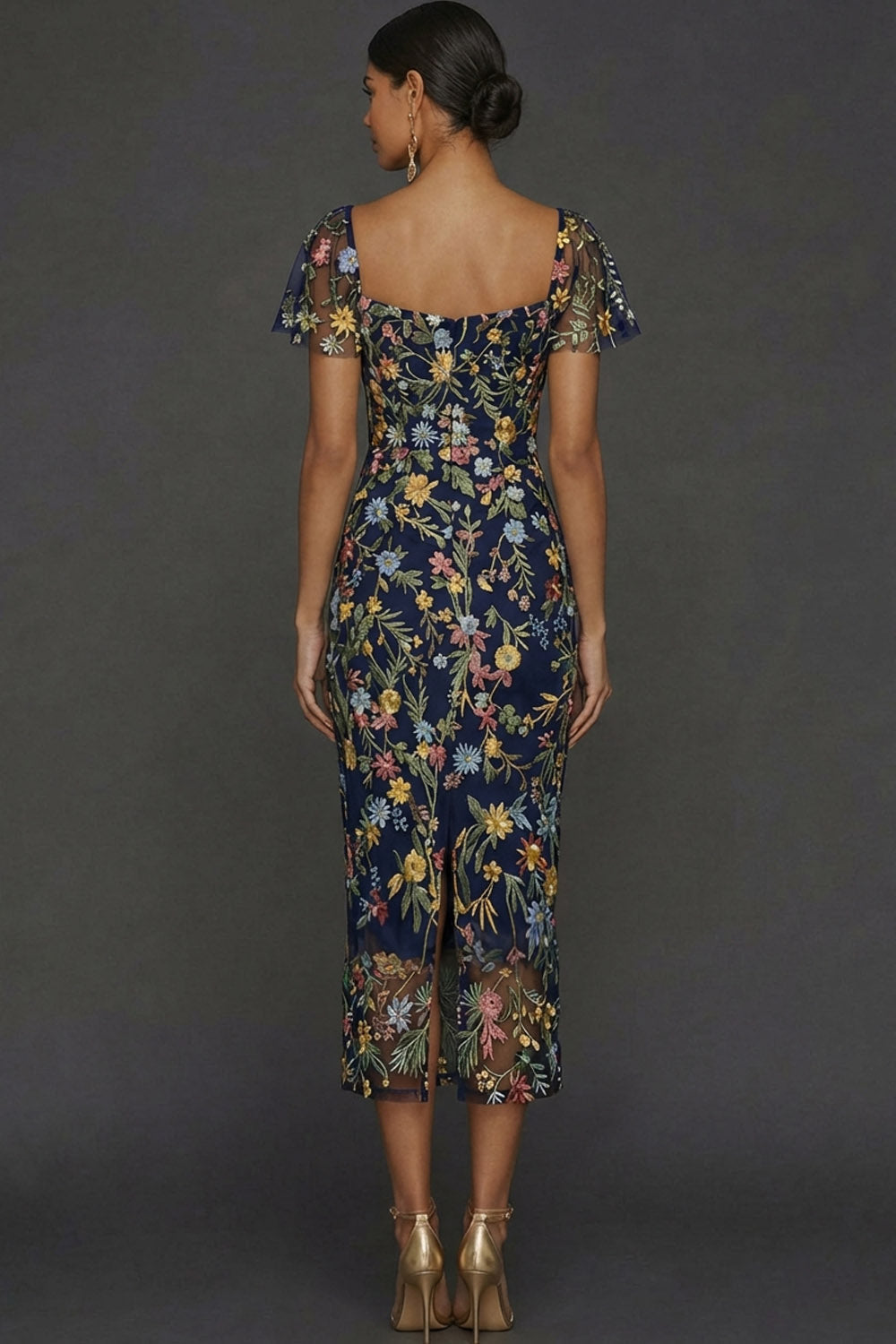 ILYNORA navy floral embroidered tulle midi dress, back view of sheath silhouette