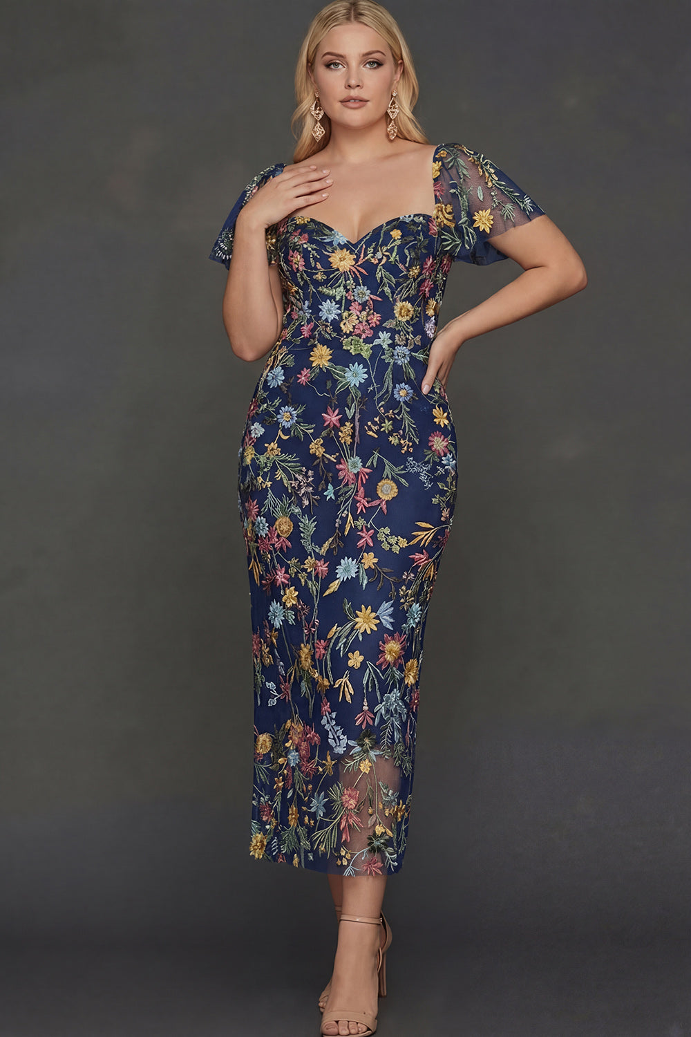 ILYNORA navy floral embroidered tulle midi dress, front view of sweetheart neckline
