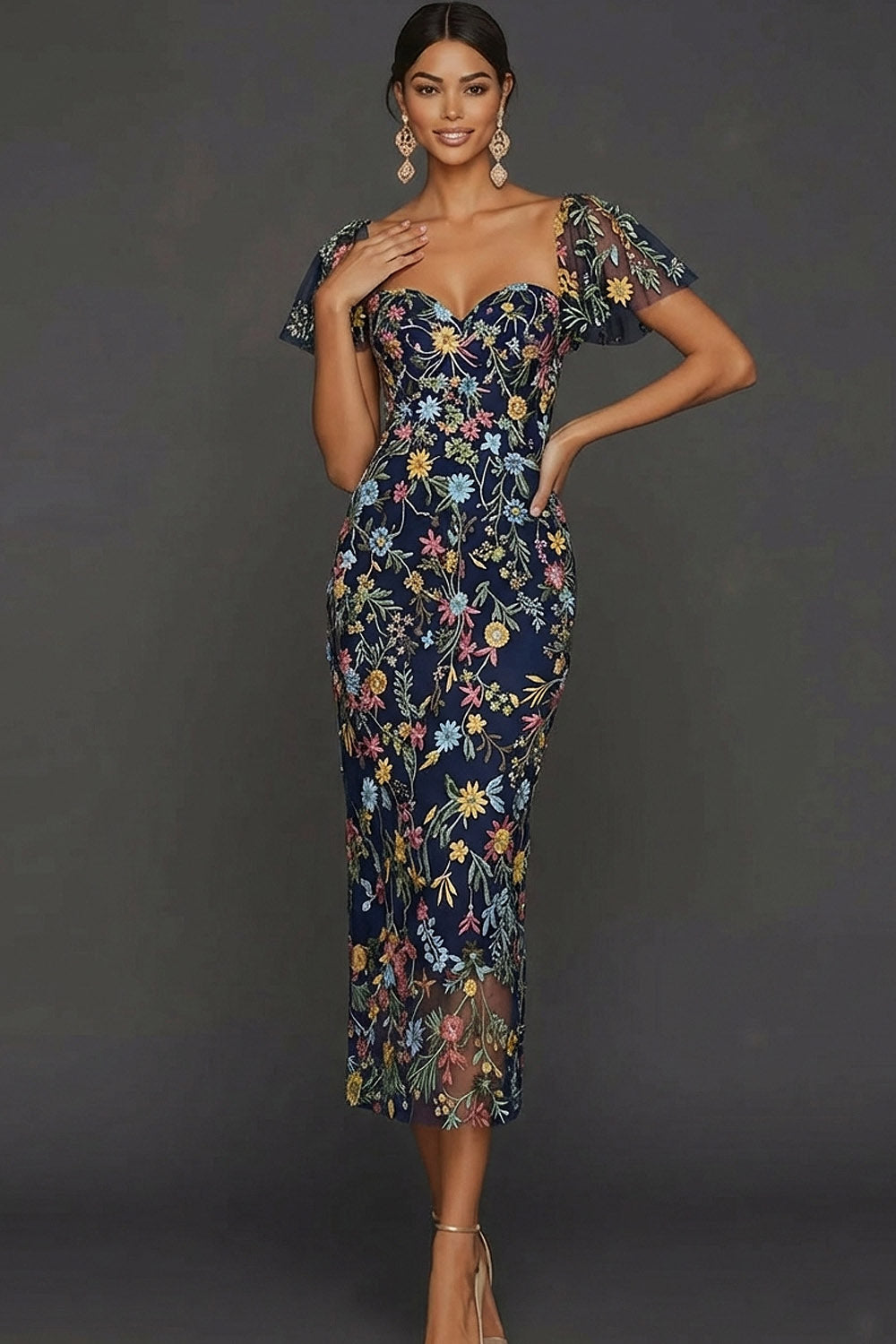 ILYNORA navy floral embroidered tulle midi dress, model wearing dress from the front