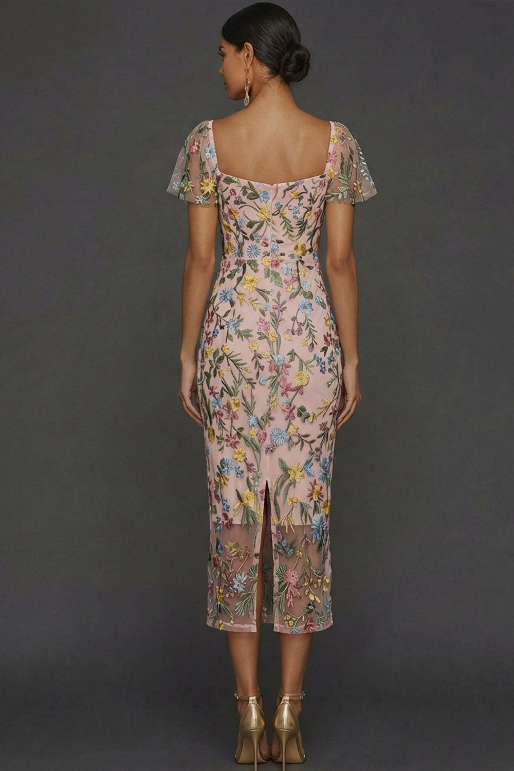 ILYNORA pink floral embroidered tulle midi dress, back view of sheath silhouette
