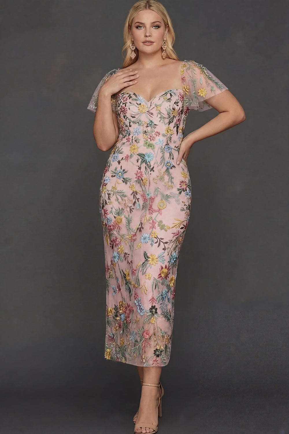 ILYNORA pink floral embroidered tulle midi dress, front view of sweetheart neckline