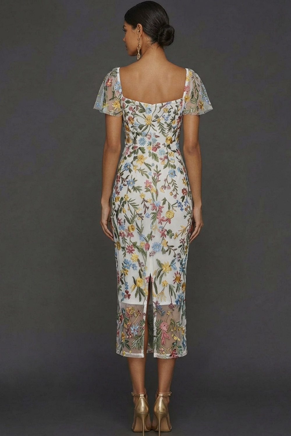 ILYNORA white floral embroidered tulle midi dress, back view of sheath silhouette