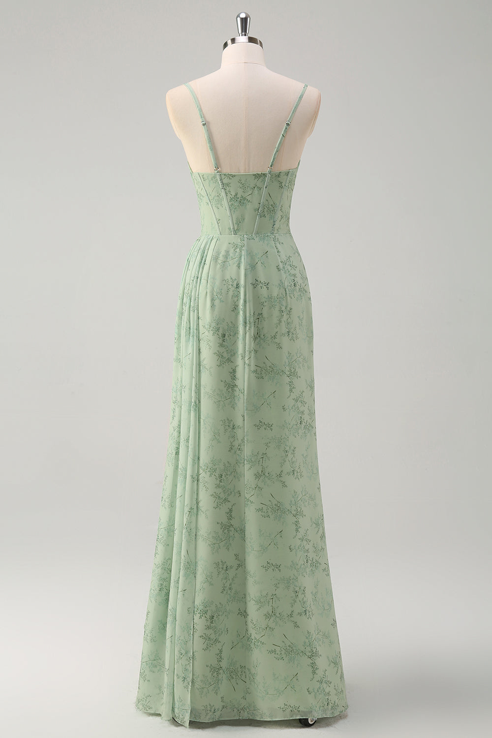 ILYNORA women's dusty sage floral mermaid prom maxi dress, angled back view