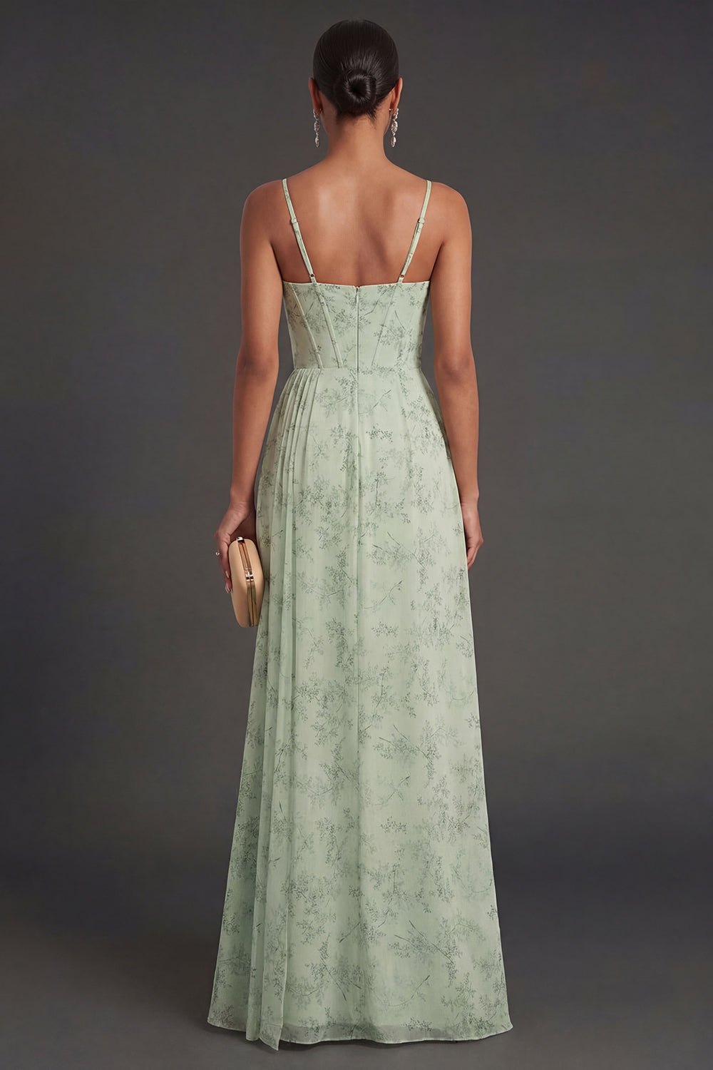 ILYNORA women's dusty sage floral mermaid prom maxi dress on mannequin, front view