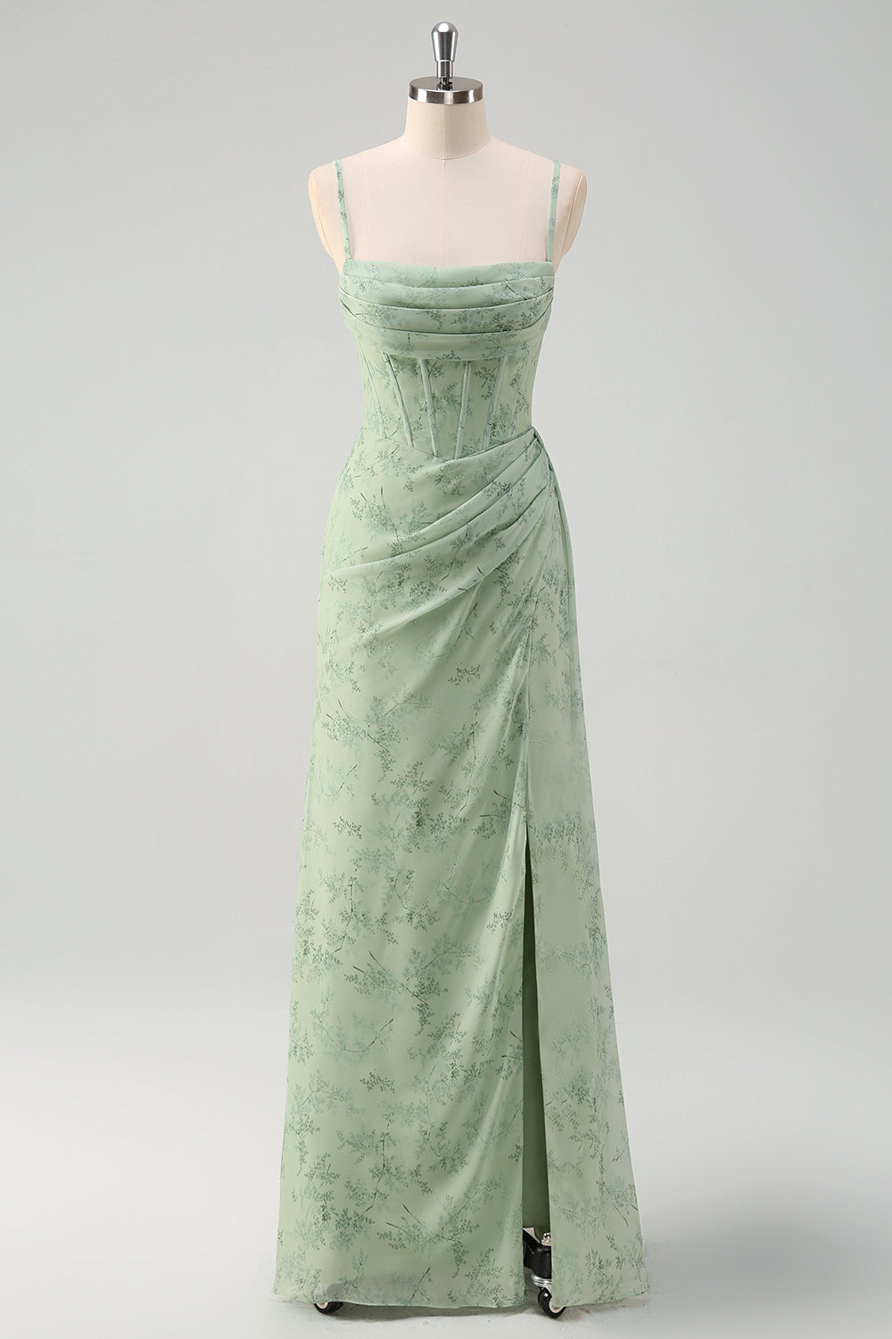 ILYNORA women's dusty sage floral mermaid prom maxi dress showing side slit detail