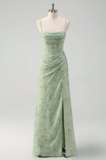 ILYNORA women's dusty sage floral mermaid prom maxi dress showing side slit detail