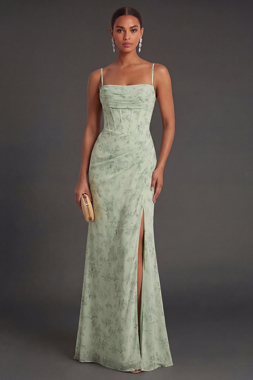 ILYNORA women's dusty sage floral mermaid prom maxi dress worn by model, front view