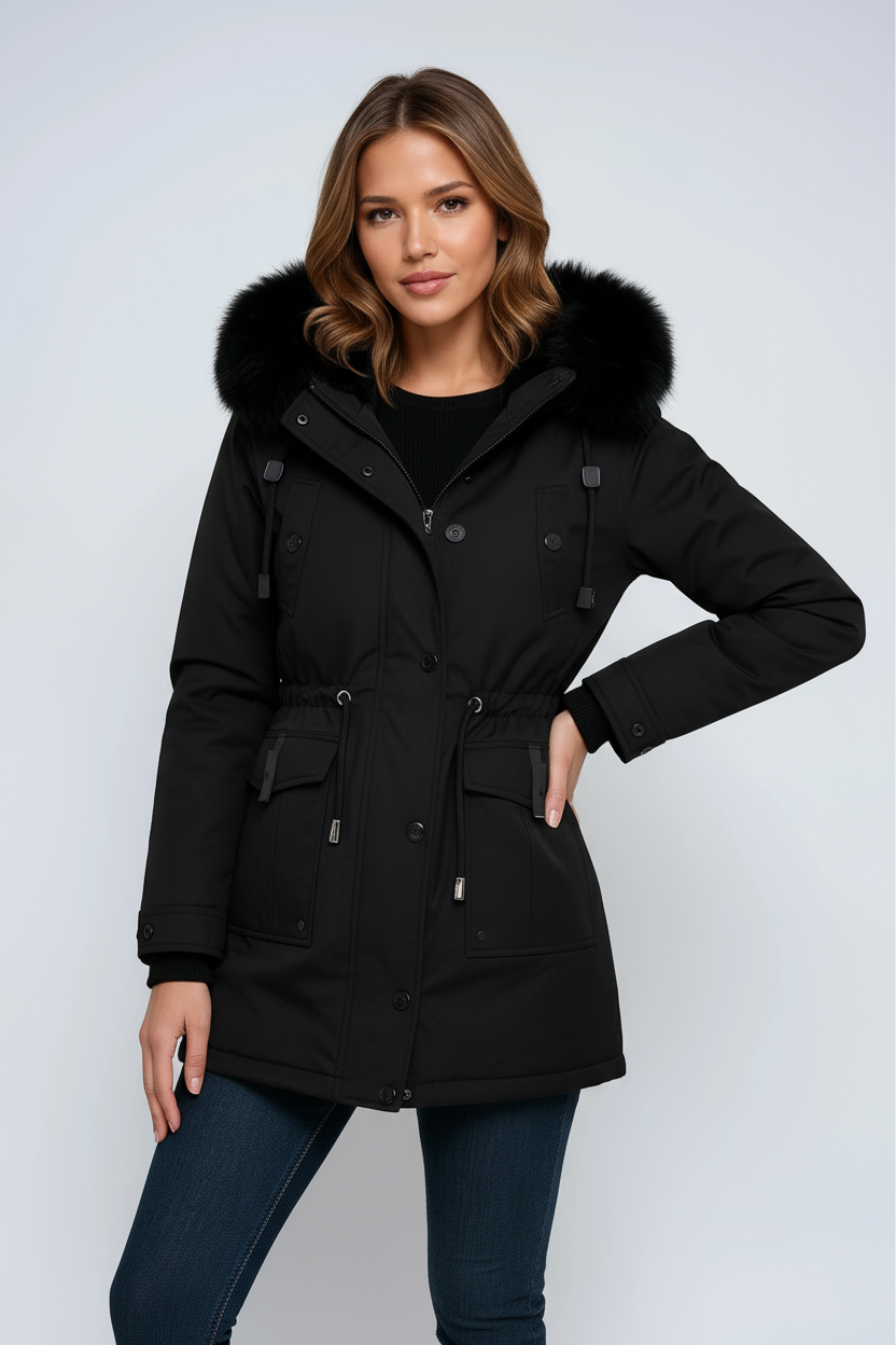 Women’s Fur Hood Parka Coat with Adjustable Waist