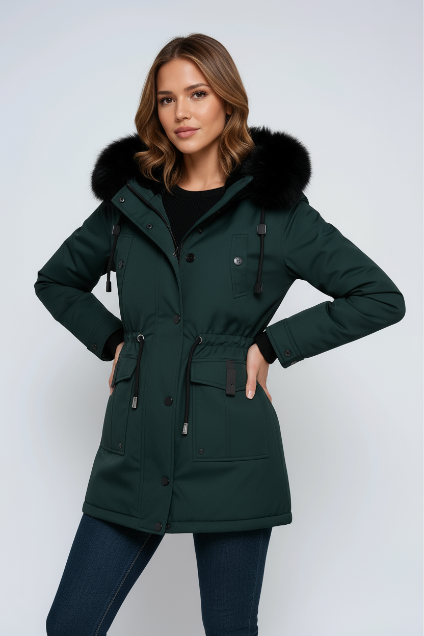 Women’s Fur Hood Parka Coat with Adjustable Waist