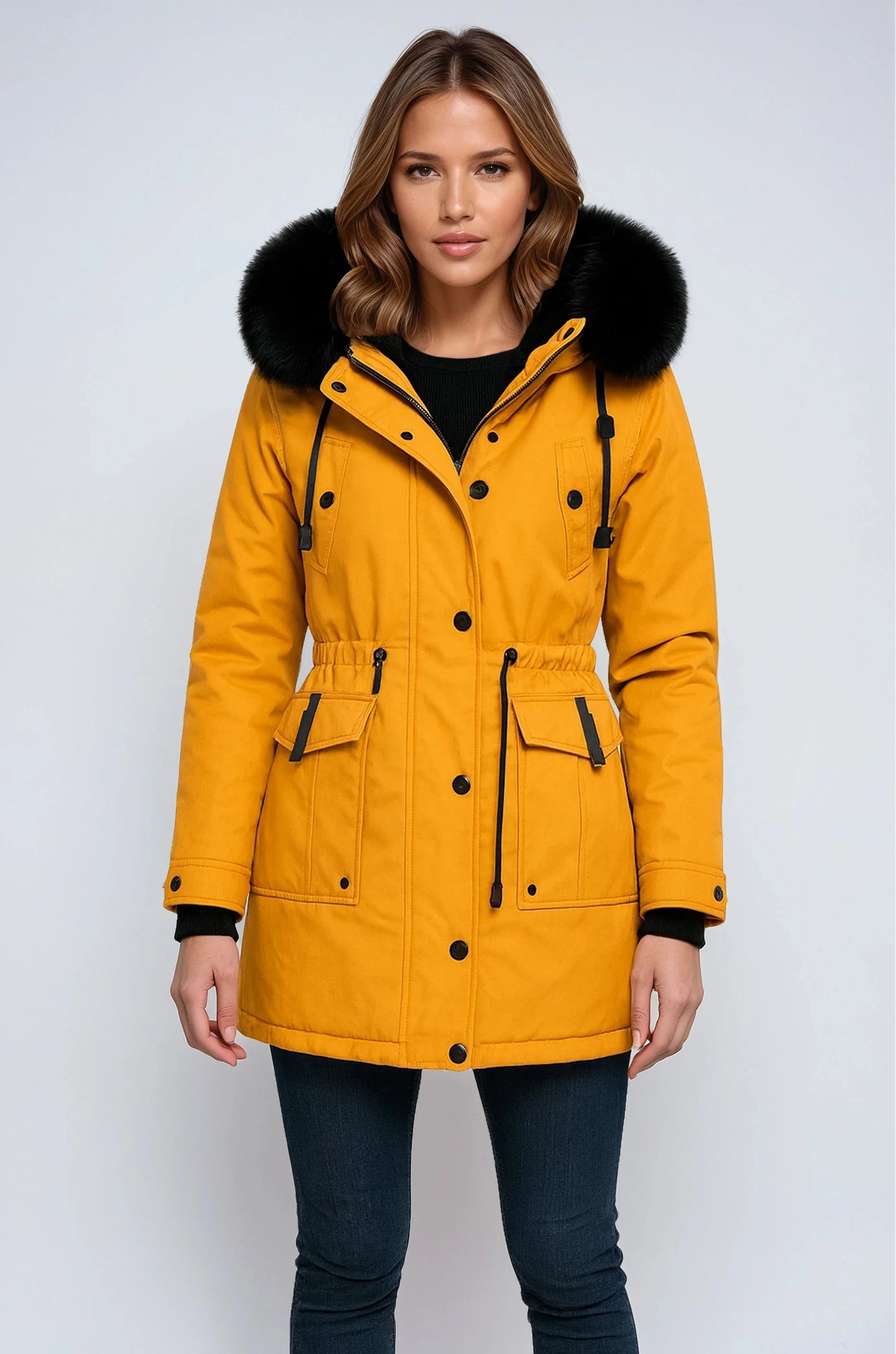 Women’s Fur Hood Parka Coat with Adjustable Waist