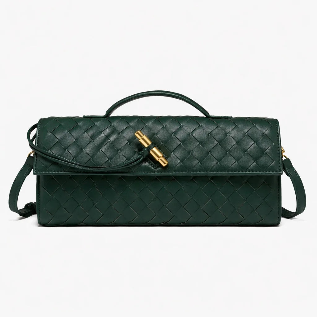 ILYNORA green woven faux leather clutch bag with braided texture, top handle and gold-tone clasp