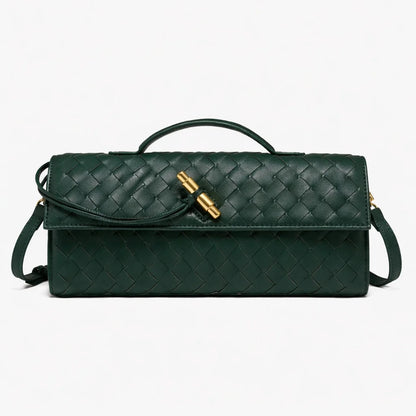 ILYNORA green woven faux leather clutch bag with braided texture, top handle and gold-tone clasp