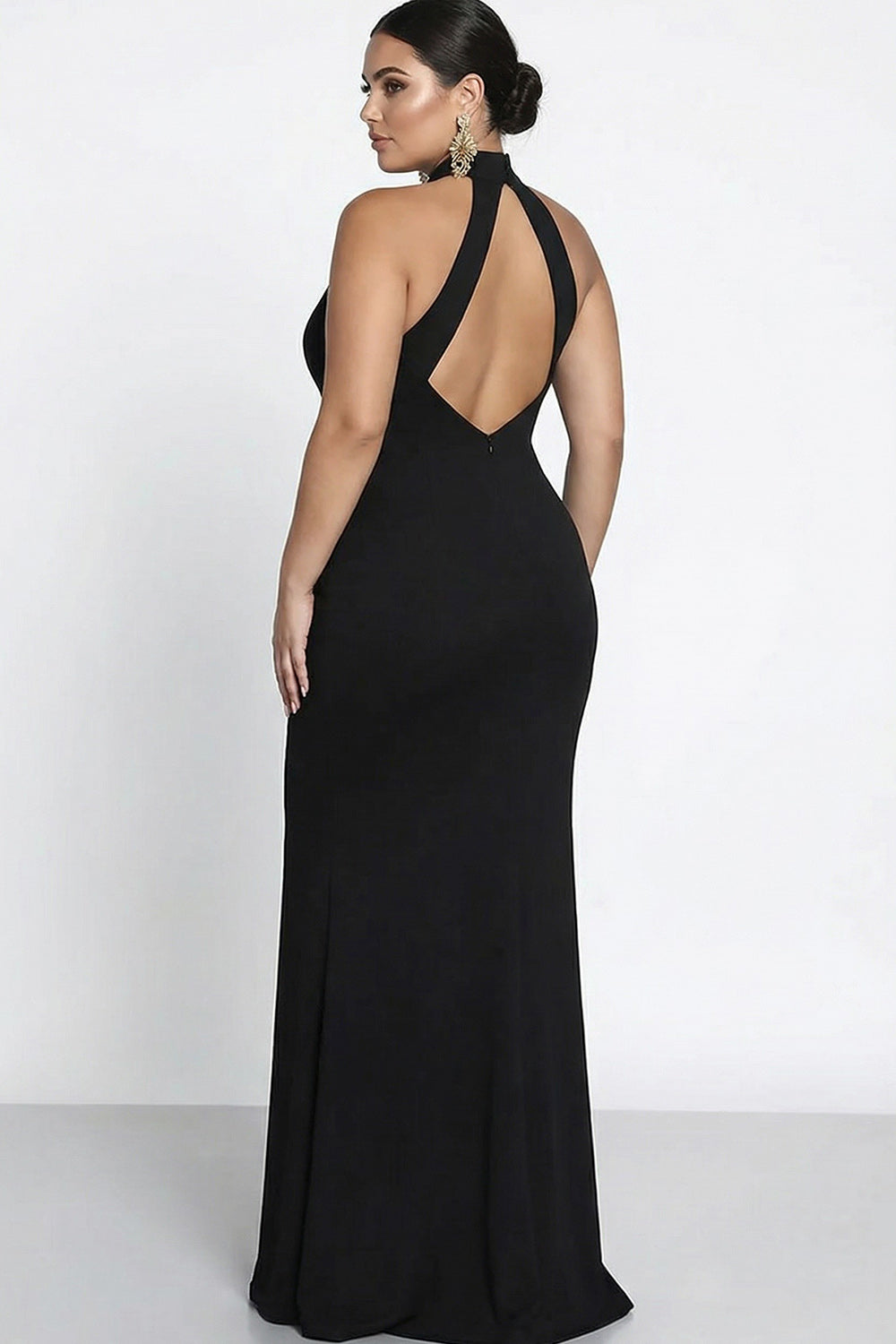 Back detail of ILYNORA black halter mermaid maxi evening dress