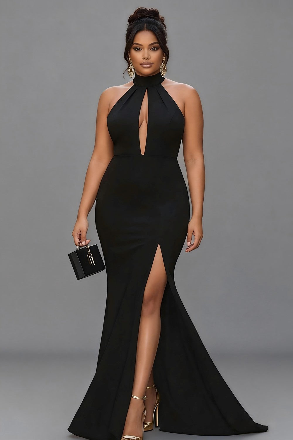 ILYNORA women's black halter mermaid maxi evening dress back view