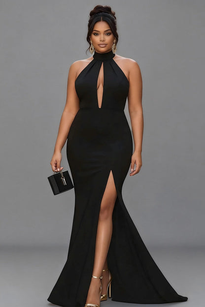 ILYNORA women's black halter mermaid maxi evening dress back view