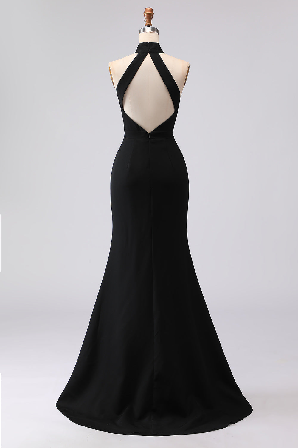 ILYNORA black halter mermaid maxi evening dress displayed on mannequin back view