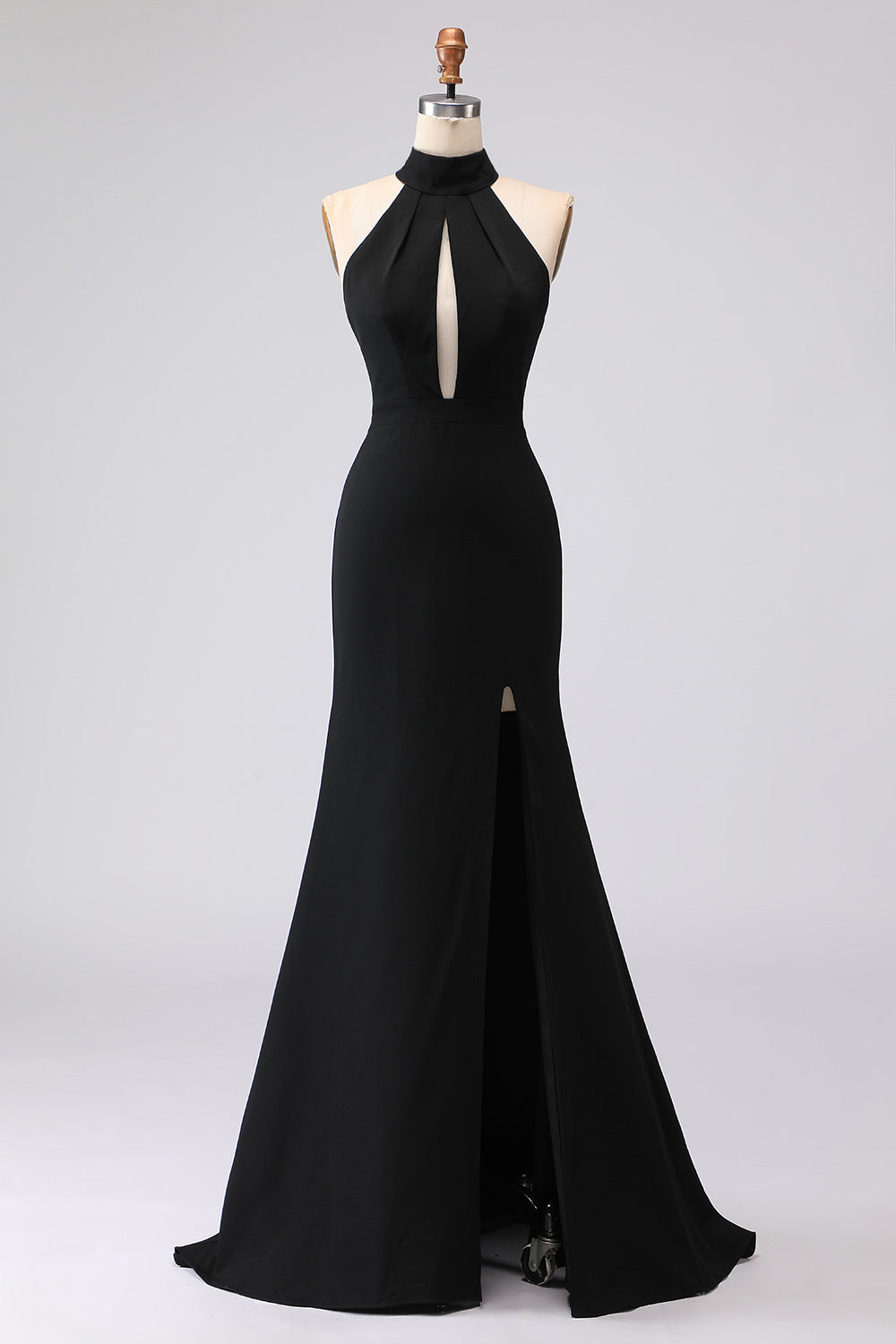 ILYNORA black halter mermaid maxi evening dress displayed on mannequin front view