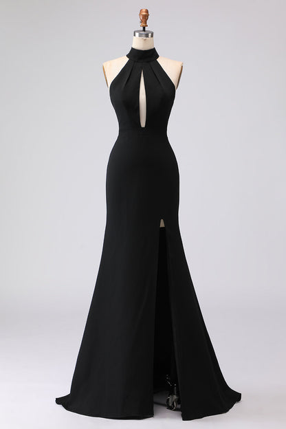 ILYNORA black halter mermaid maxi evening dress displayed on mannequin front view