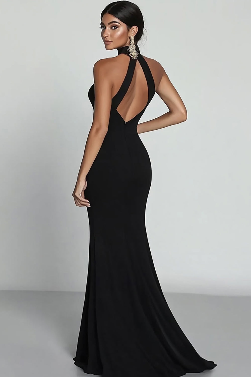 ILYNORA women's black halter mermaid maxi evening dress side view