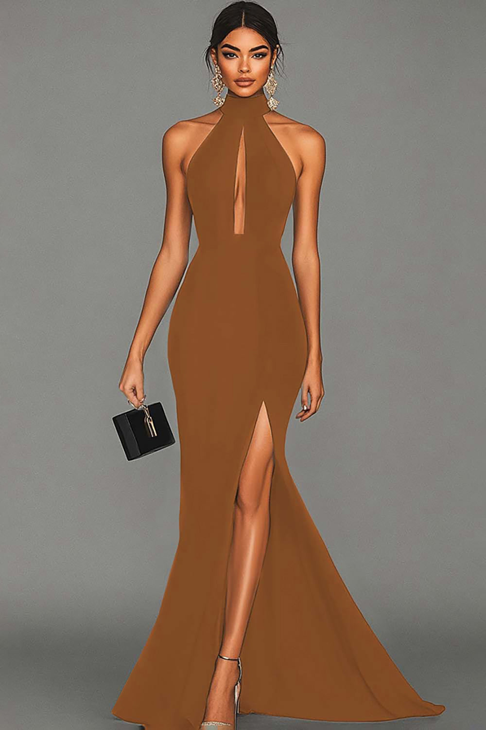 ILYNORA women's brown halter mermaid maxi evening dress