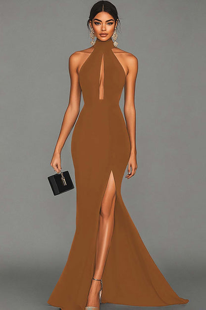 ILYNORA women's brown halter mermaid maxi evening dress