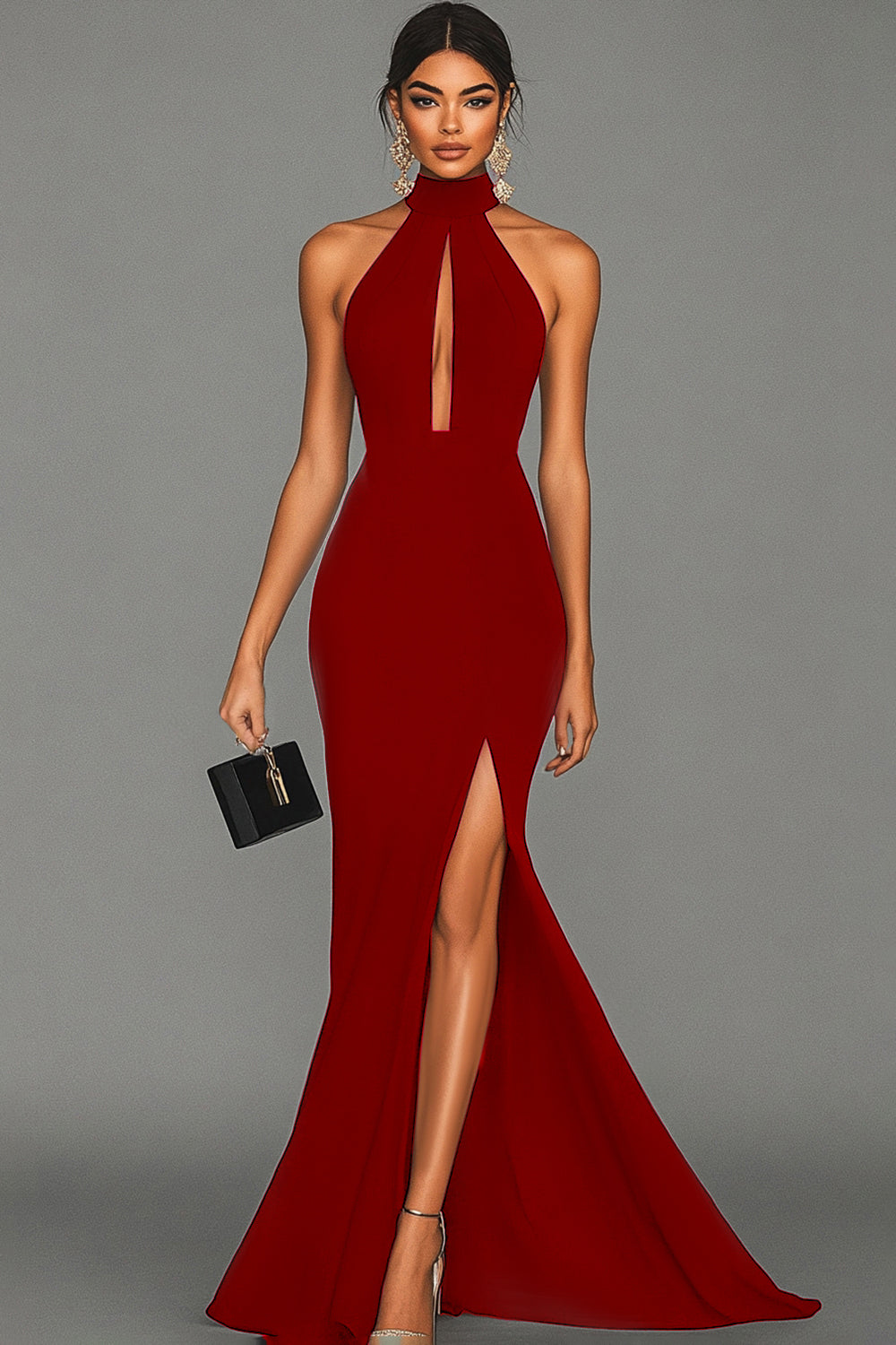 ILYNORA women's burgundy halter mermaid maxi evening dress