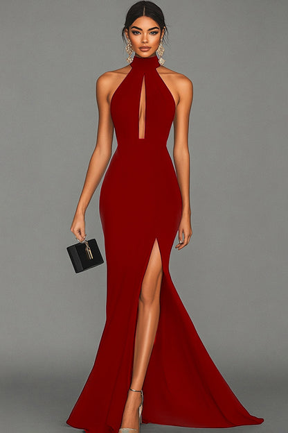 ILYNORA women's burgundy halter mermaid maxi evening dress