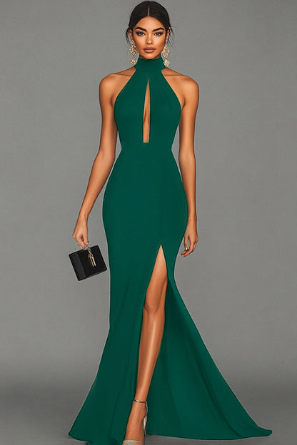 ILYNORA women's dark green halter mermaid maxi evening dress