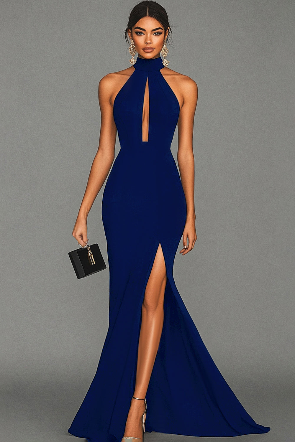 ILYNORA women's dark navy halter mermaid maxi evening dress