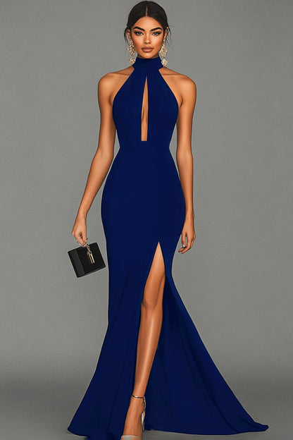 ILYNORA women's dark navy halter mermaid maxi evening dress