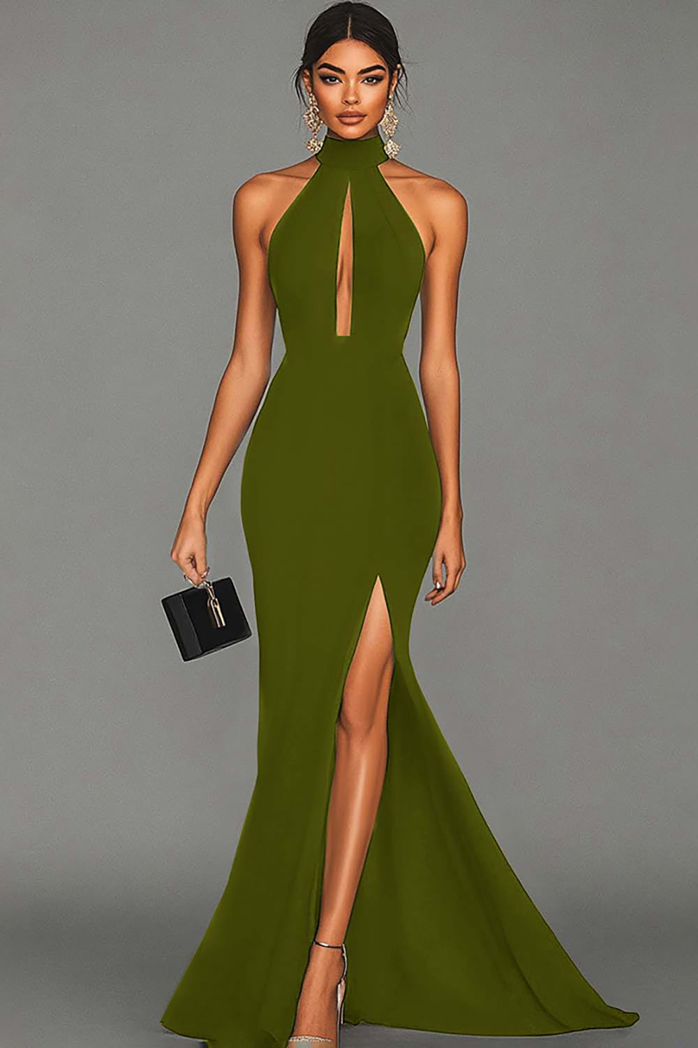 ILYNORA women's olive halter mermaid maxi evening dress