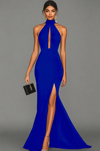 ILYNORA women's royal blue halter mermaid maxi evening dress
