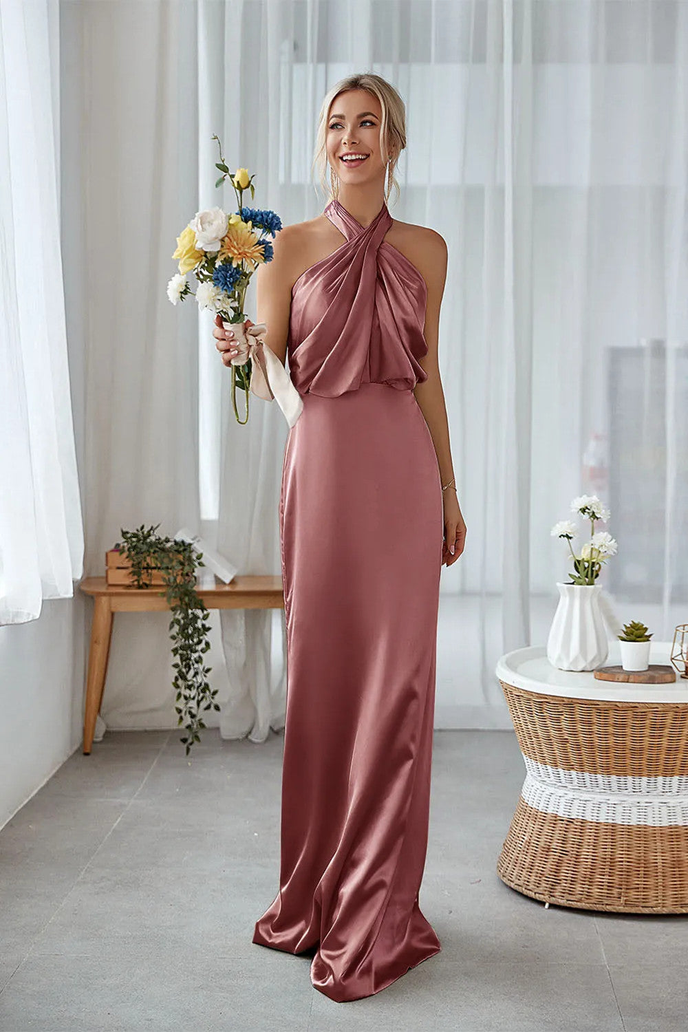 ILYNORA women's amethyst satin halter bridesmaid maxi dress