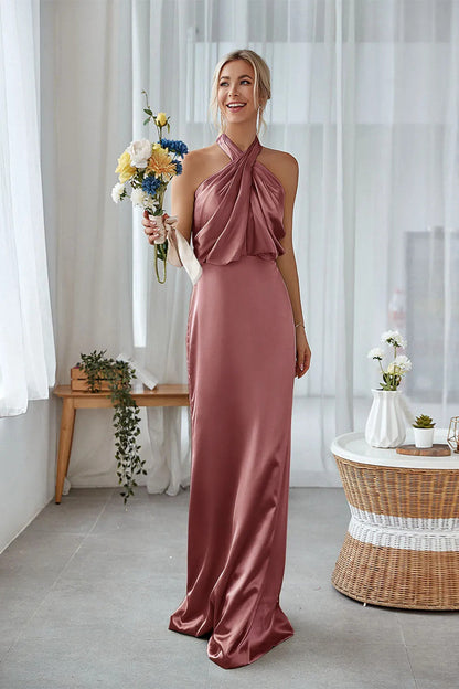 ILYNORA women's amethyst satin halter bridesmaid maxi dress