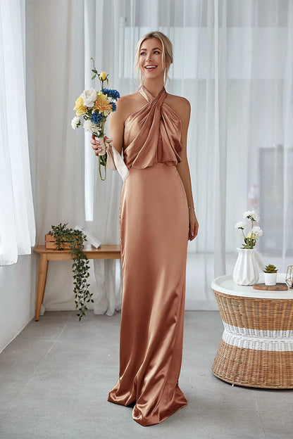 ILYNORA women's bronzer satin halter bridesmaid maxi dress